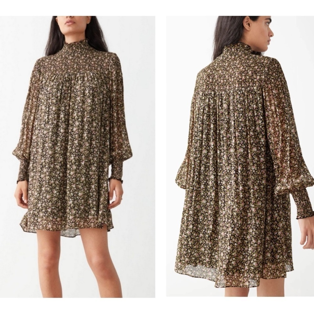 & Other Stories Floral Mini Dress - Black and Brown